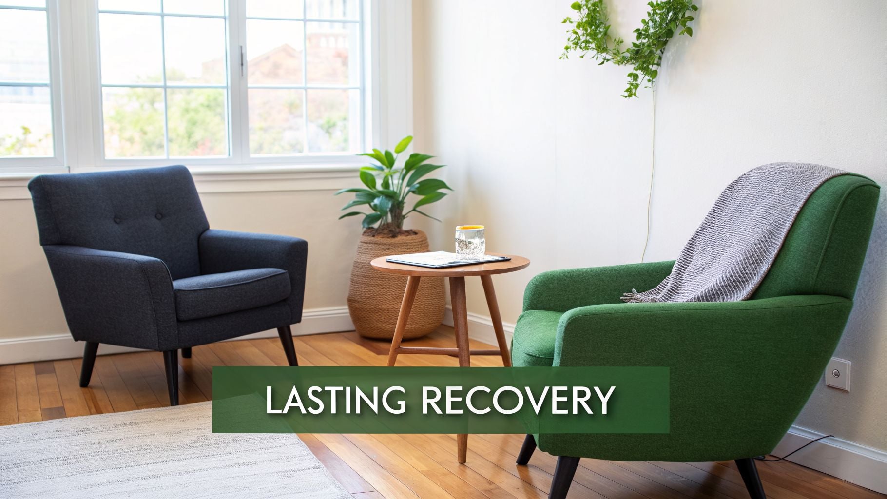 A bright, calm room with two armchairs, a plant, and a side table, suggesting a therapeutic setting.