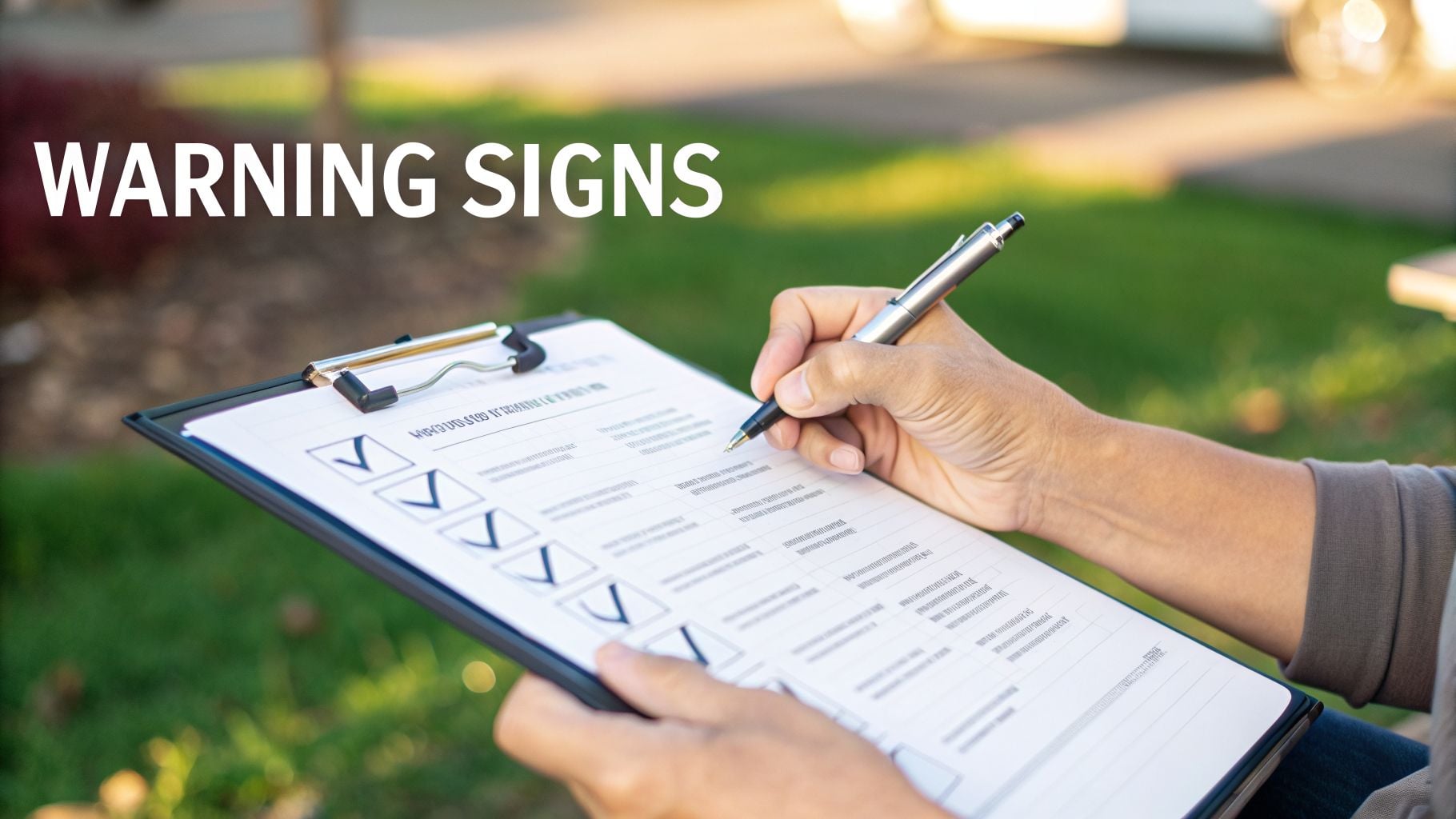 A person's hand marks a checklist about "Warning Signs" on a clipboard outdoors with a pen.
