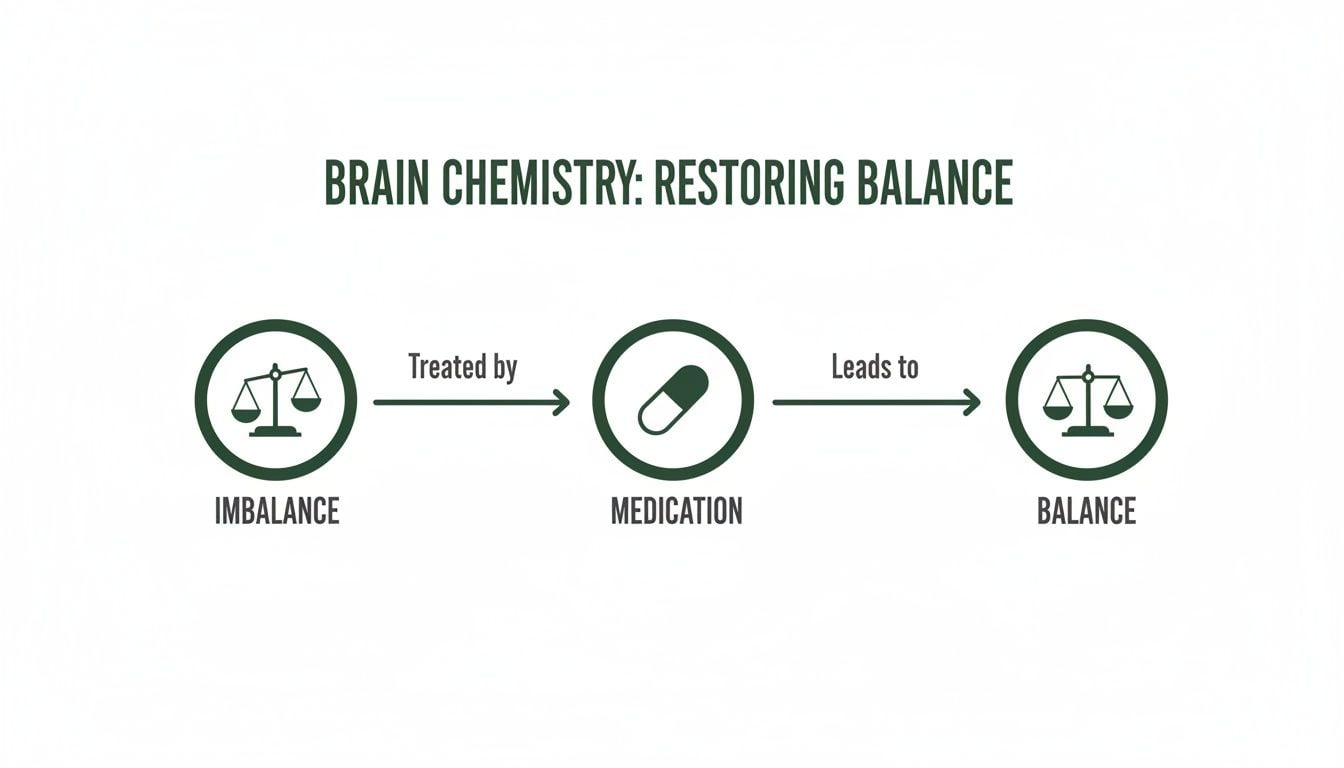 Diagram illustrating how medication treats brain chemistry imbalance and leads to restoring balance.