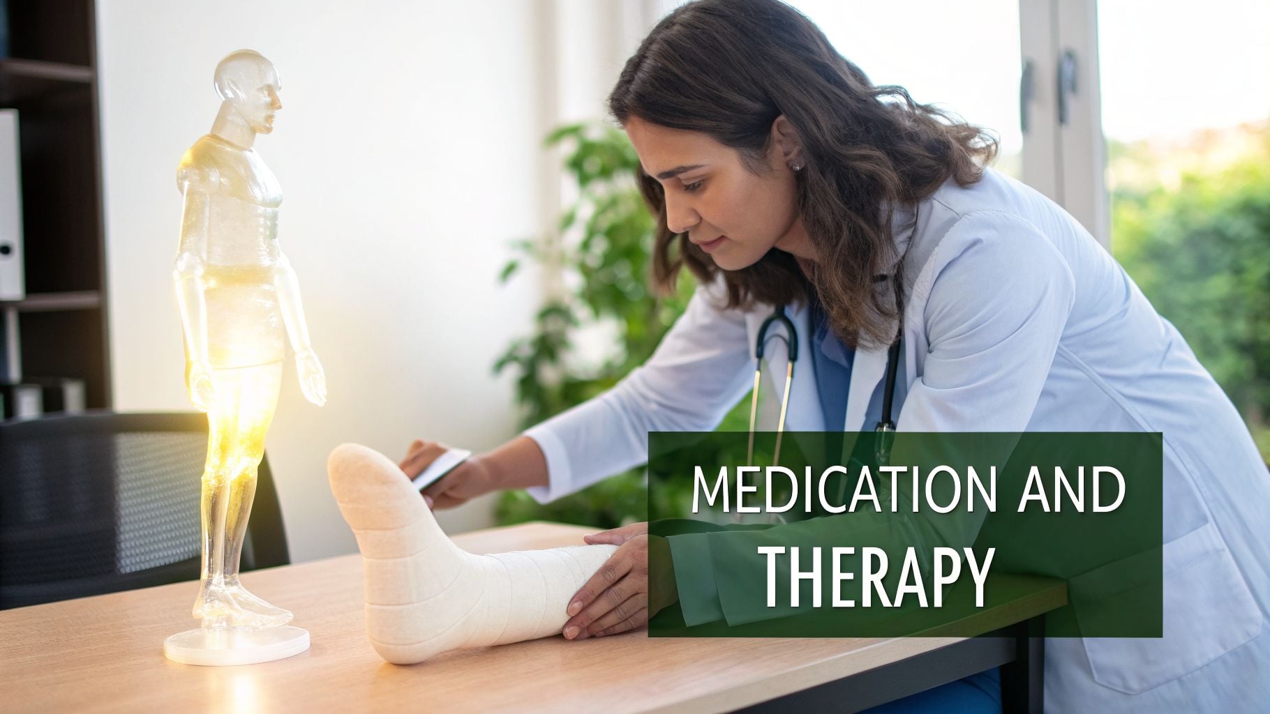 A doctor in a white coat examines a patient's leg in a cast, next to a glowing anatomical model.