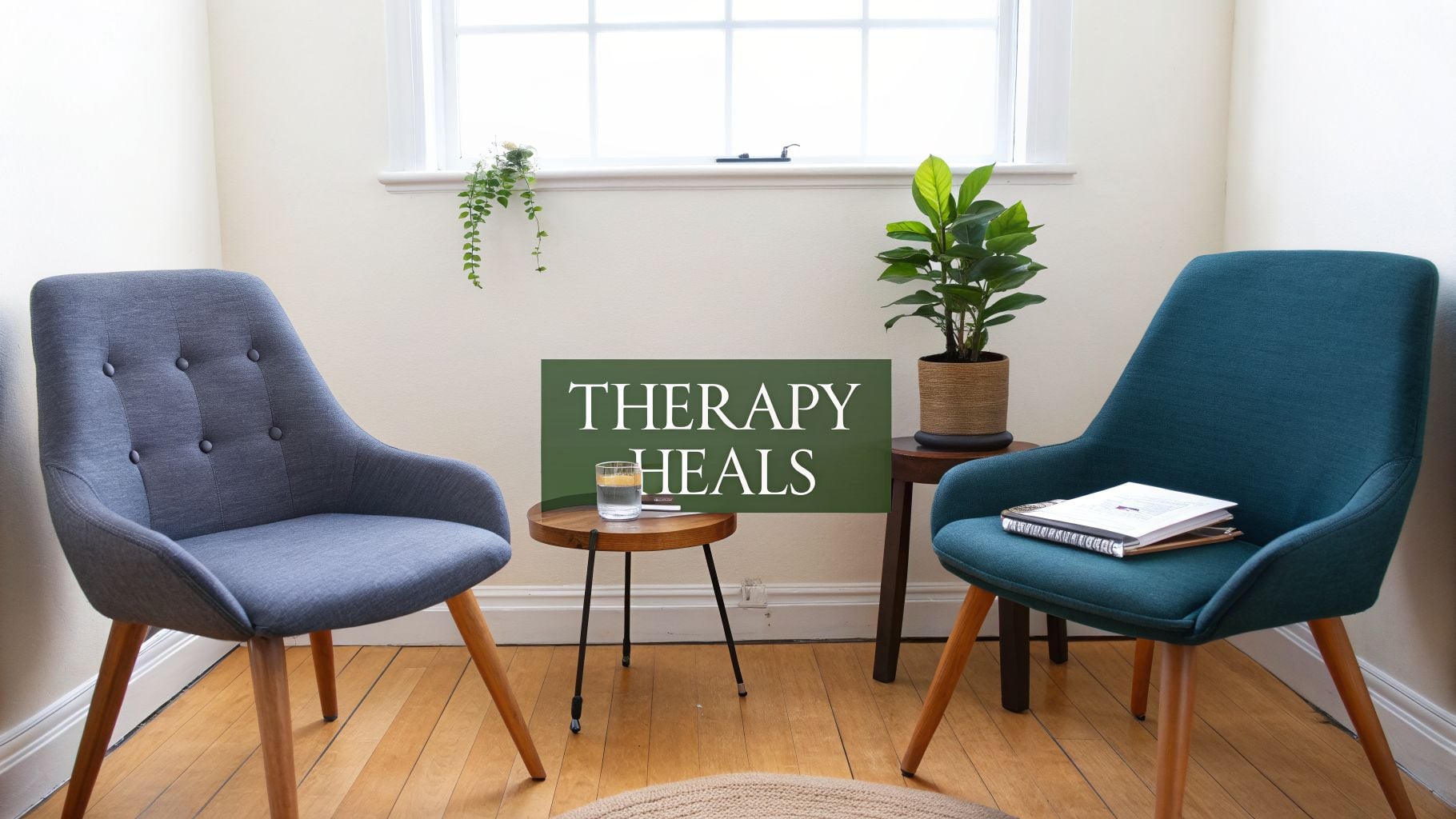 A calming therapy room with two armchairs, plants, and a sign displaying 'THERAPY HEALS'.