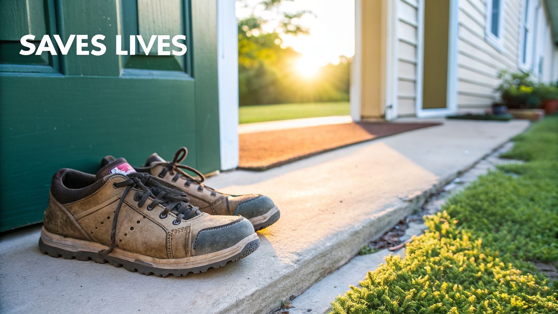 Worn work shoes by a green door on a sunlit path, with 'SAVES LIVES' text.