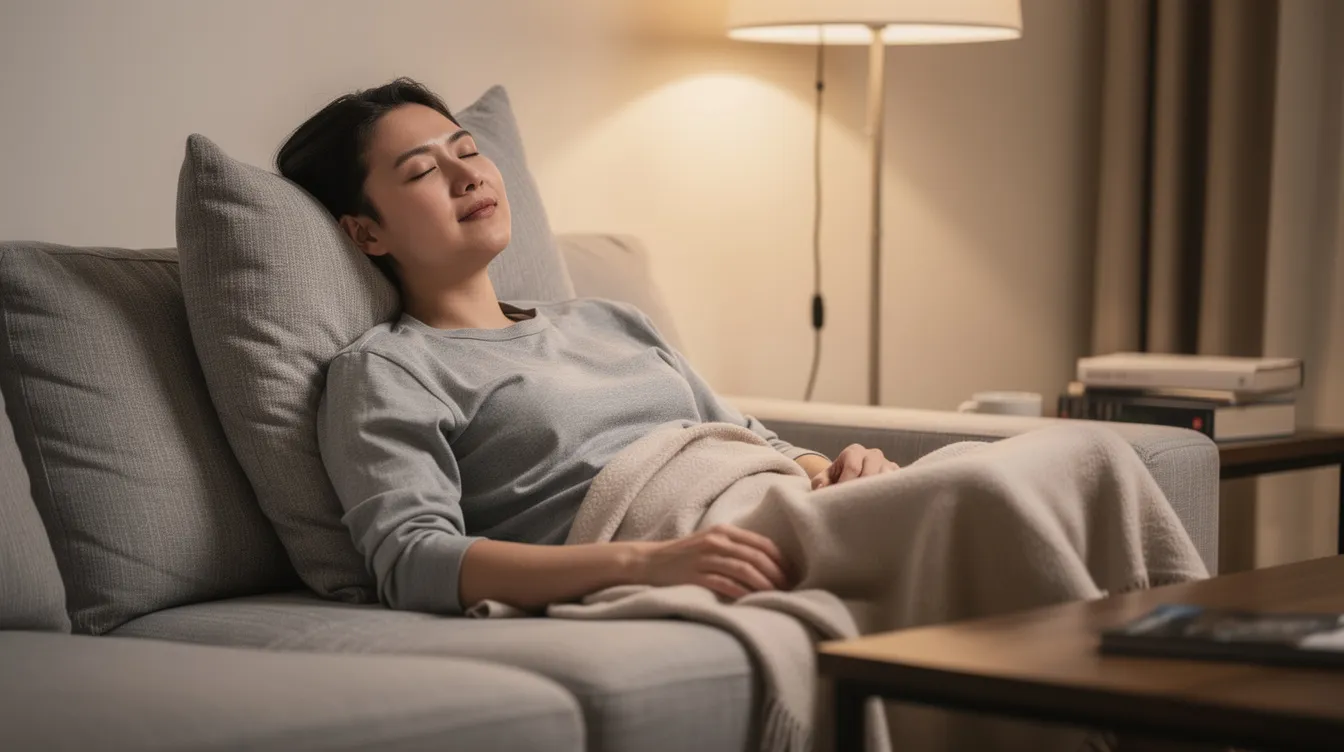 A person is resting comfortably on a couch with their eyes closed, suggesting relaxation or sleep. This scene may evoke the calming effects associated with sedative properties of medications like Benadryl, which is often used to relieve allergy symptoms and aid sleep.