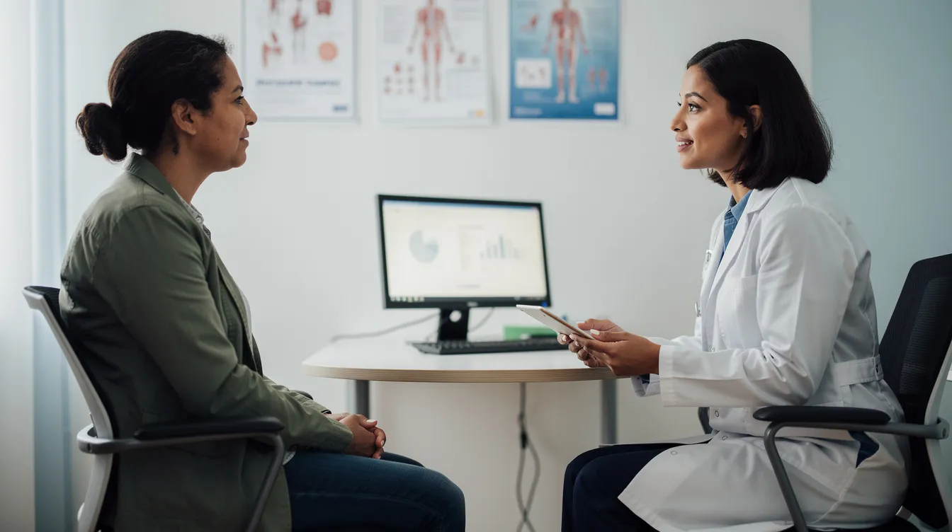 A healthcare professional in a white coat is engaged in a conversation with a patient, discussing various topics related to allergy symptoms and potential treatment options, including the use of antihistamine medication like Benadryl. The scene reflects a supportive environment where the patient can seek professional advice on managing their health concerns.
