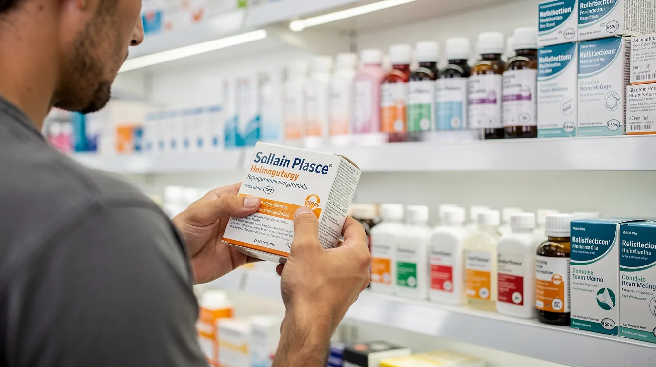 A person is closely examining a box of over-the-counter antihistamine medication at a pharmacy shelf, likely considering its use for relieving allergy symptoms such as runny nose or cold symptoms. The box may contain information about dosage, potential side effects, and drug interactions, including how long does Benadryl stay in your system.