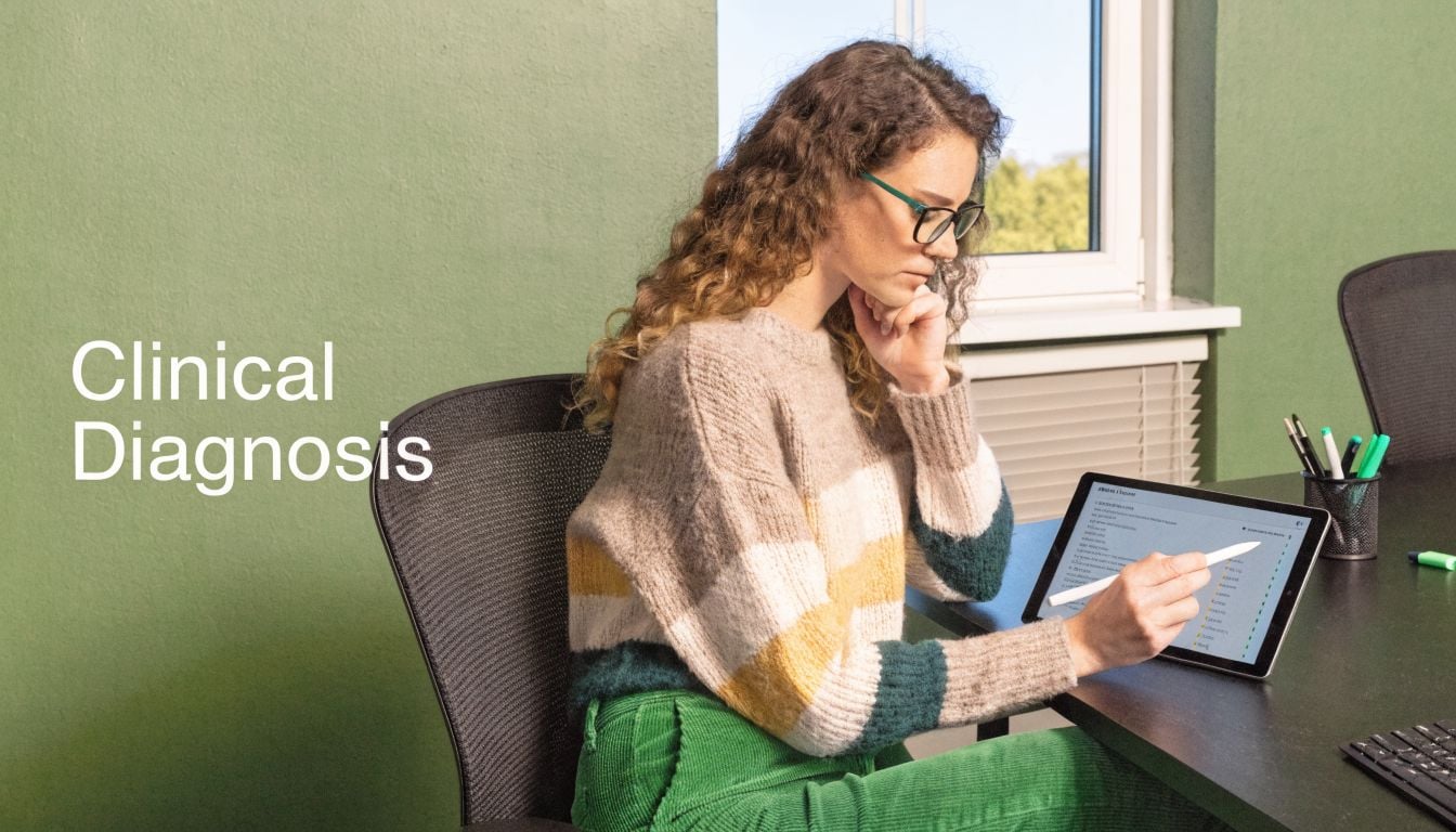 A woman in a striped sweater sitting at a desk and reviewing clinical diagnosis information on a tablet.