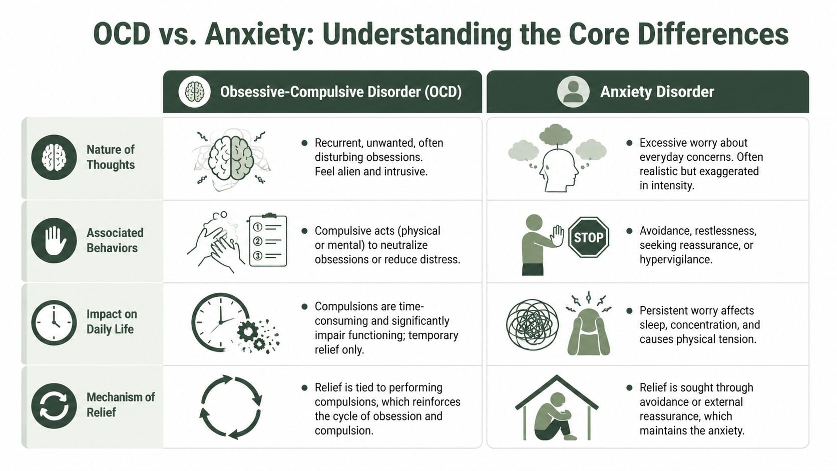 A comparison chart outlining key differences between obsessive-compulsive disorder and general anxiety disorder.