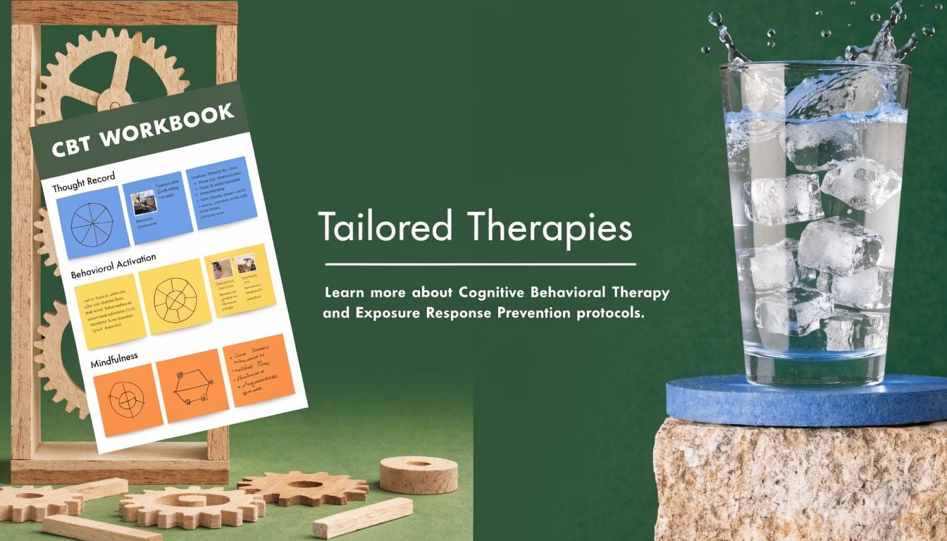 A CBT workbook on a wooden stand next to a glass of water on a rock platform.