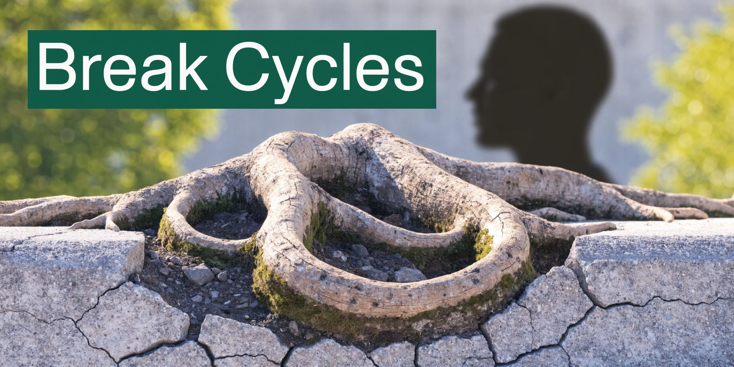 Exposed tree roots intertwining over cracked stone, symbolizing the breaking of negative mental cycles and habits.