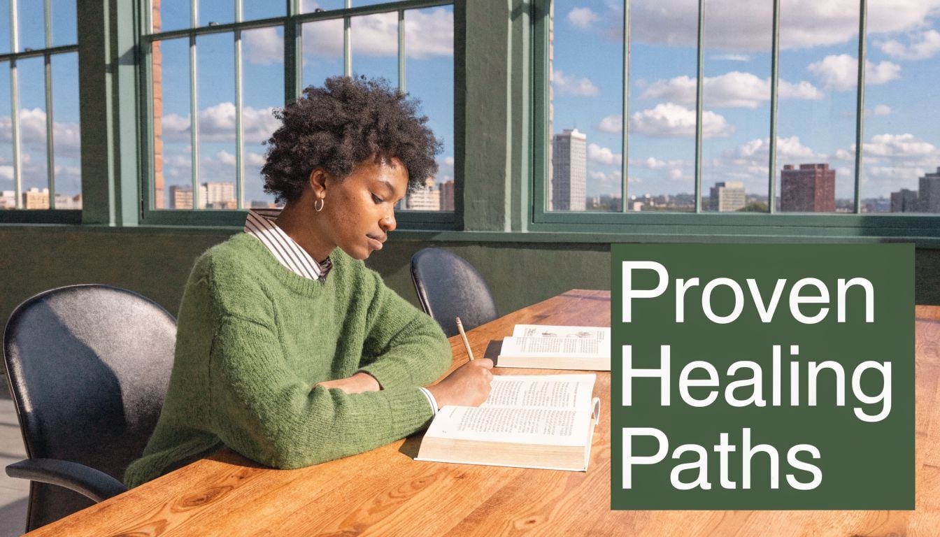 A woman studying with books at a wooden table in front of a city skyline window.