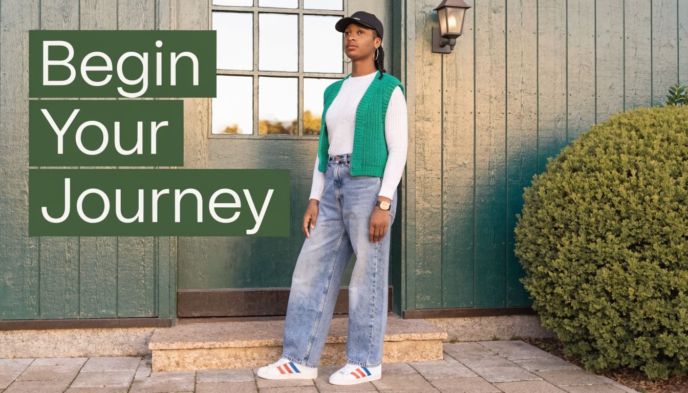 A young woman wearing a green sweater vest, white shirt, and jeans stands before a wooden building.