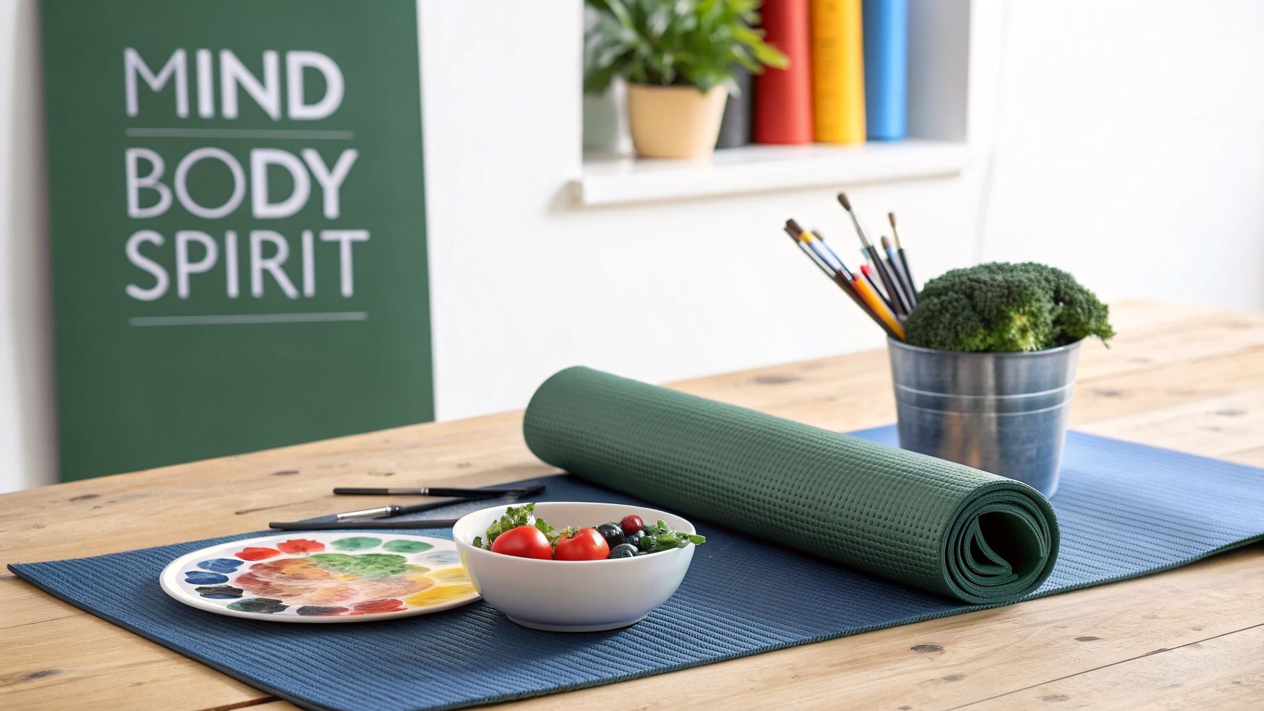 A wellness concept featuring a yoga mat, healthy food, art supplies, and a 'Mind Body Spirit' sign.