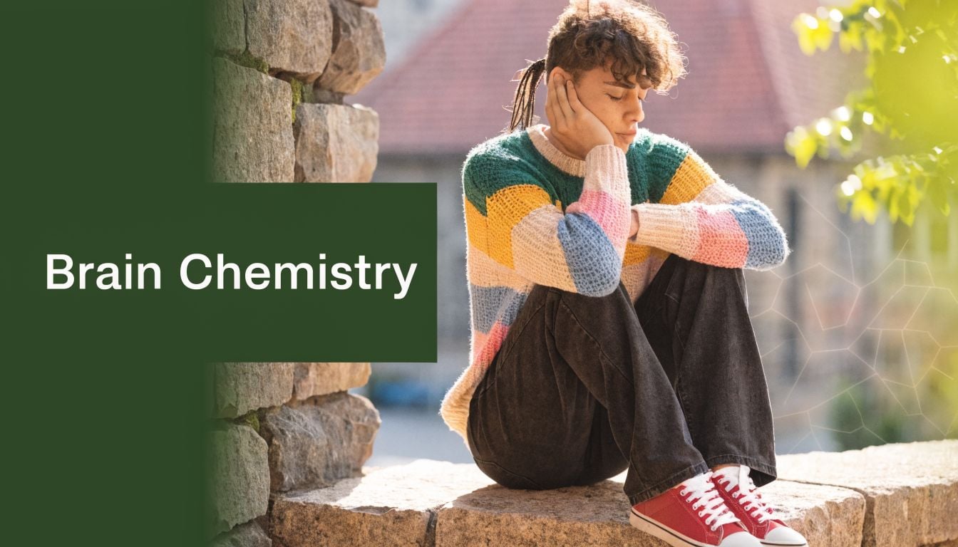 A pensive young person with curly hair sitting on a stone wall, symbolizing mental health challenges.