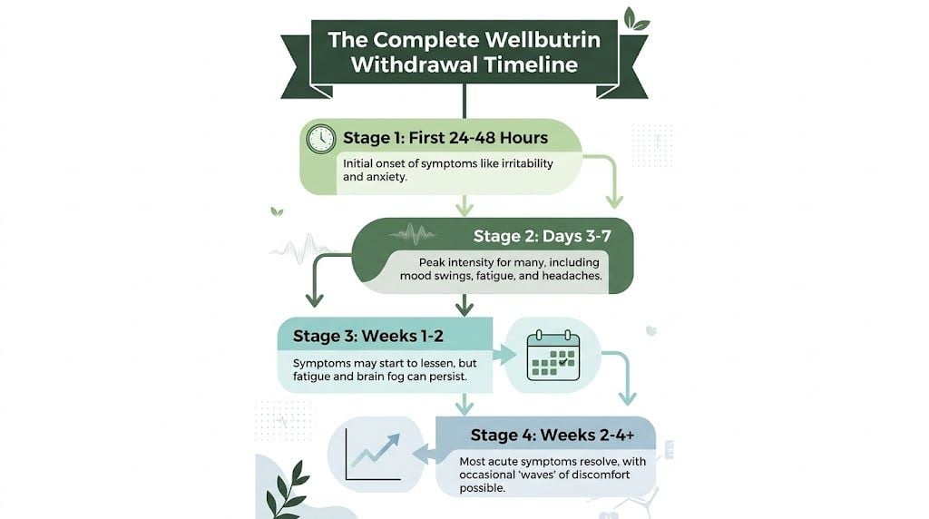 A visual infographic titled The Complete Wellbutrin Withdrawal Timeline showing four stages of withdrawal symptoms over time.