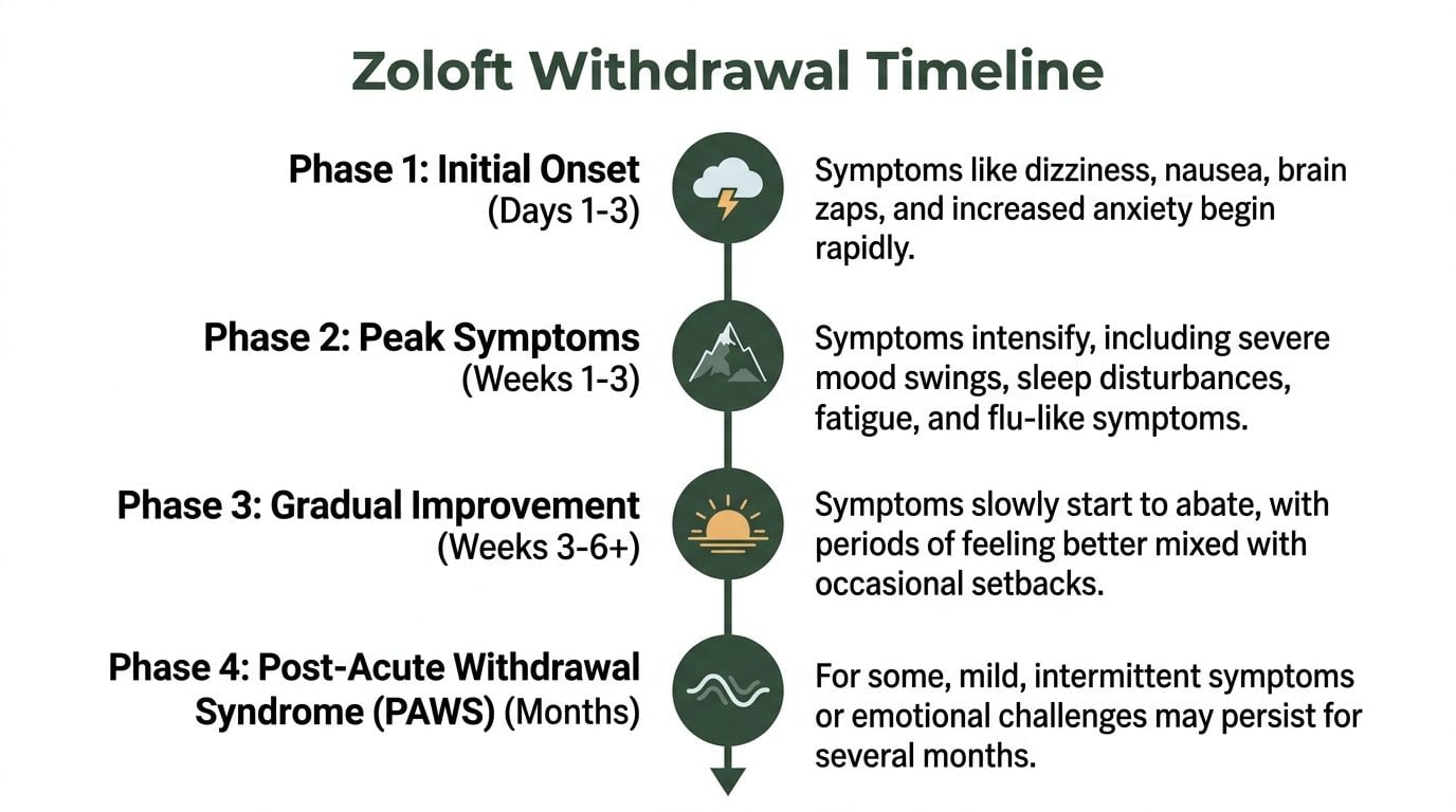 A timeline graphic showing the four stages of Zoloft withdrawal symptoms from onset through recovery.