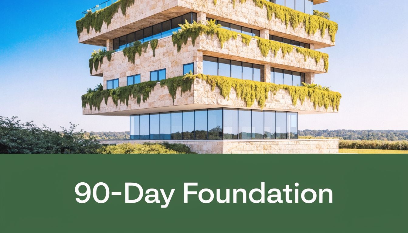 A modern building with stone walls and cascading greenery overlooking a landscape, representing a 90-day foundation.