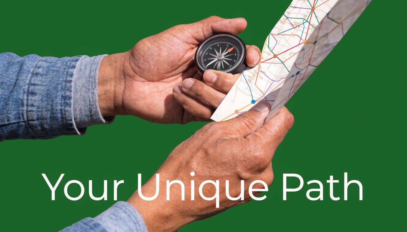 A person holding a physical map and a compass against a solid green background with overlaid text.
