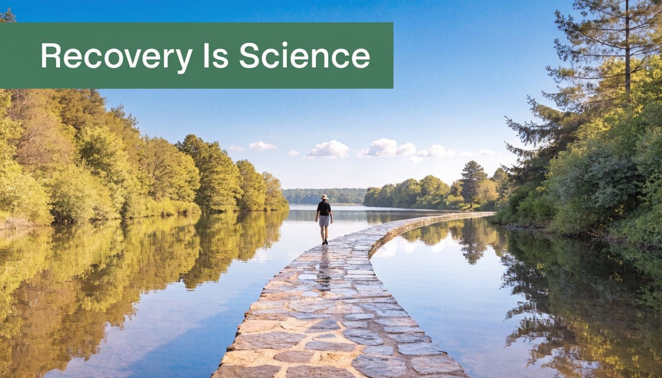 A lone person walking along a stone path across a tranquil lake surrounded by lush green trees.