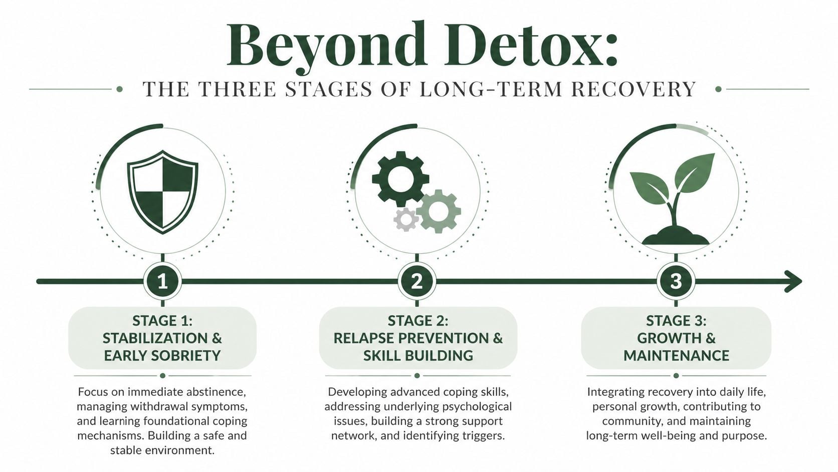 A diagram illustrating the three stages of long-term recovery beyond detox: stabilization, relapse prevention, and growth.