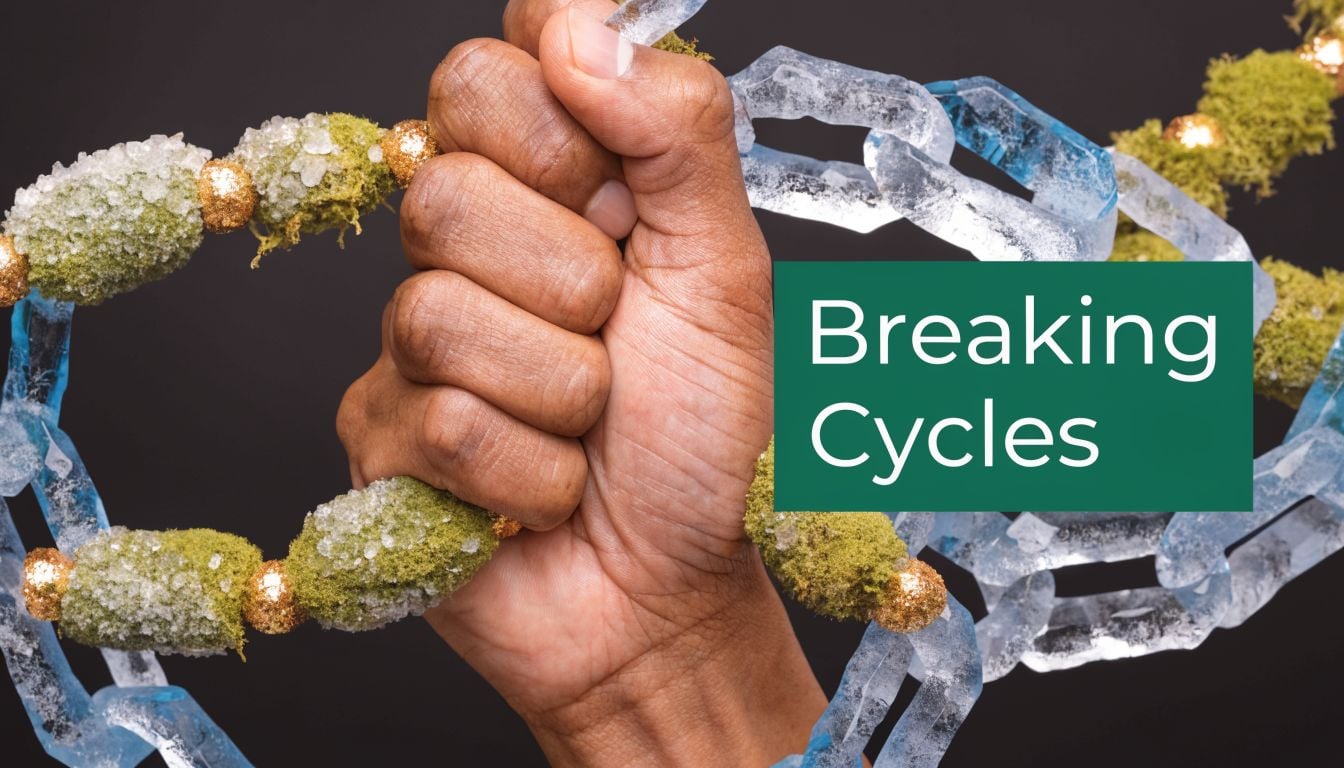 A hand tightly gripping a chain made of ice and moss-covered segments on a dark background.