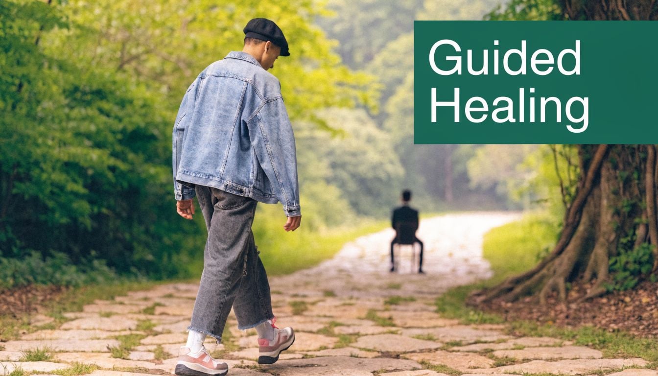 A person walking down a stone path toward someone sitting on a chair in a forest.