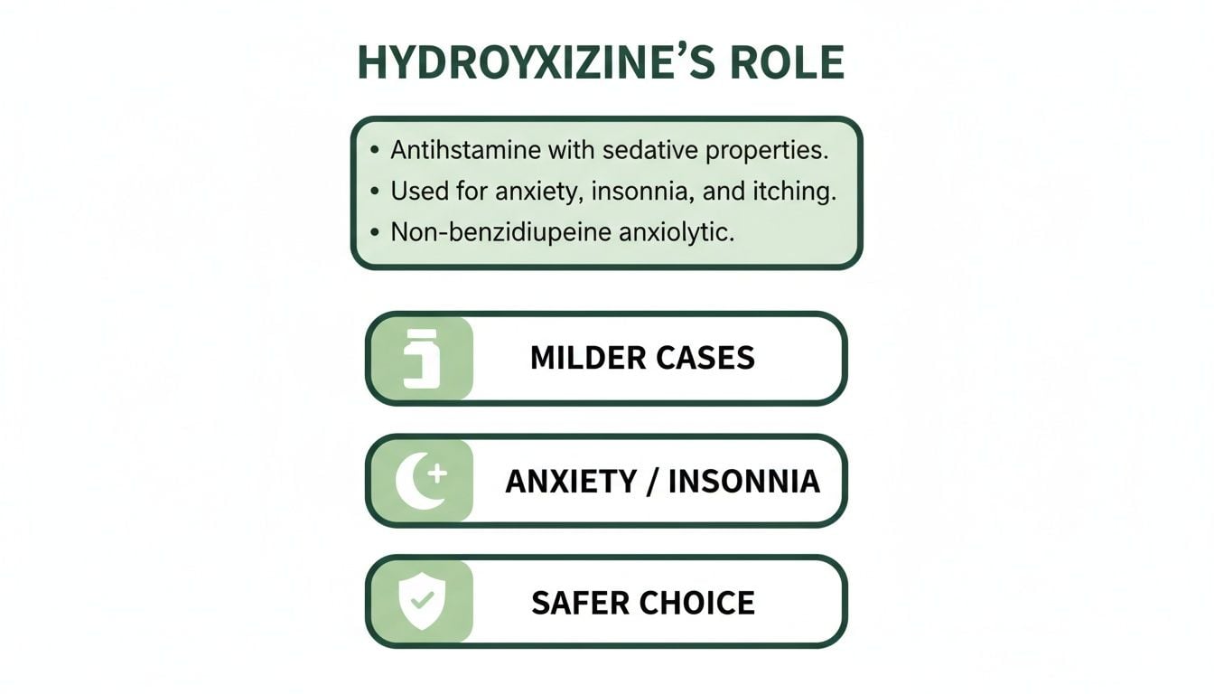 Hydroxyzine's role: an antihistamine with sedative properties used for anxiety, insomnia, itching, and milder cases.