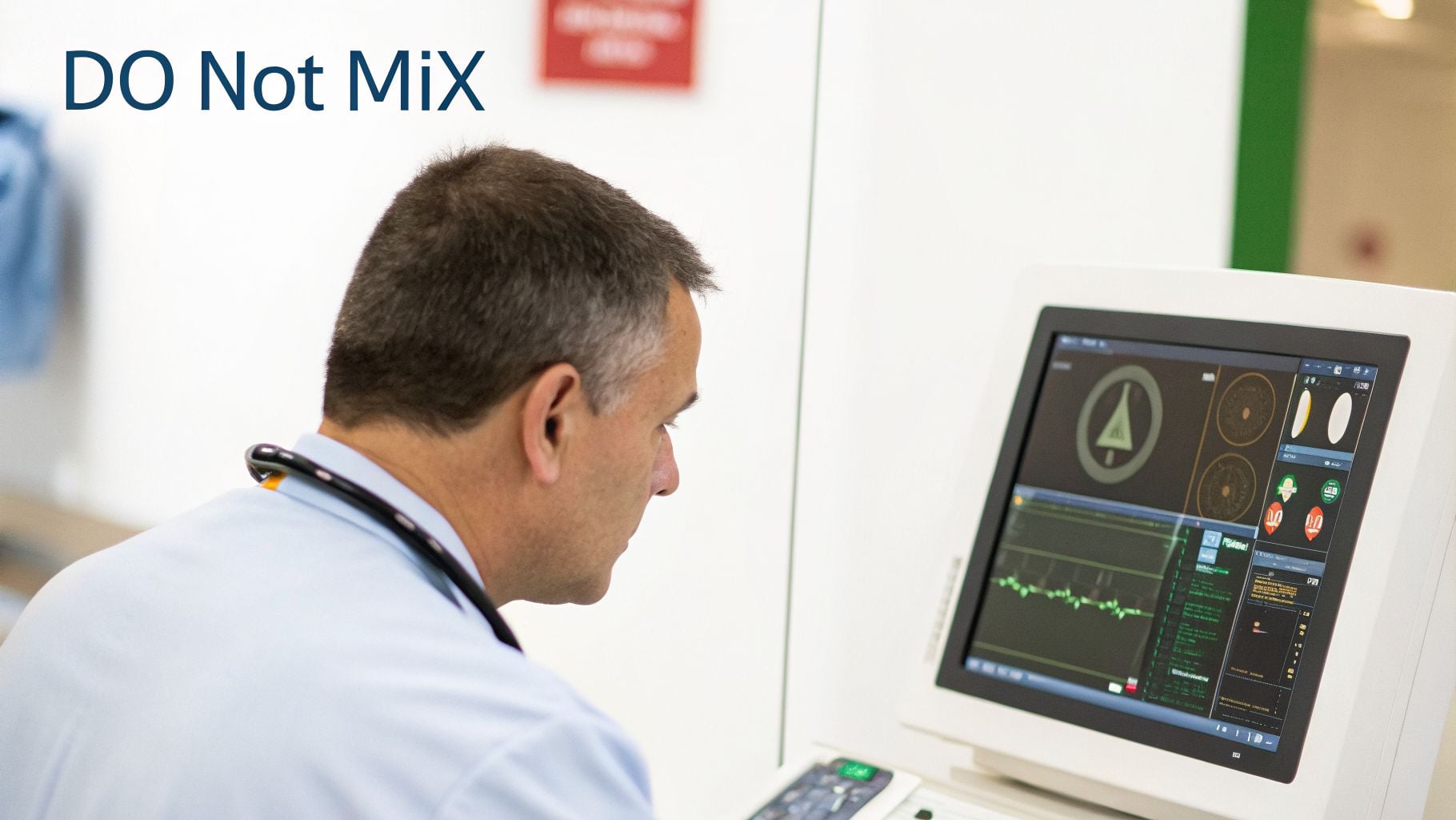 A male medical professional intently views a diagnostic monitor displaying graphs and medical data.