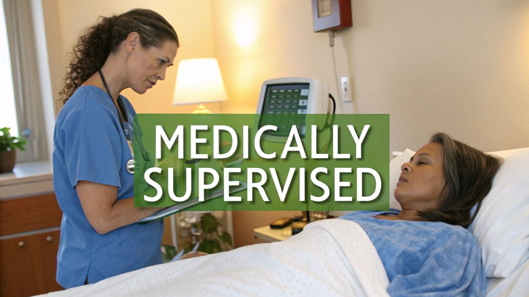 A nurse attending to a patient in a hospital room, with text overlay 'MEDICALLY SUPERVISED'.