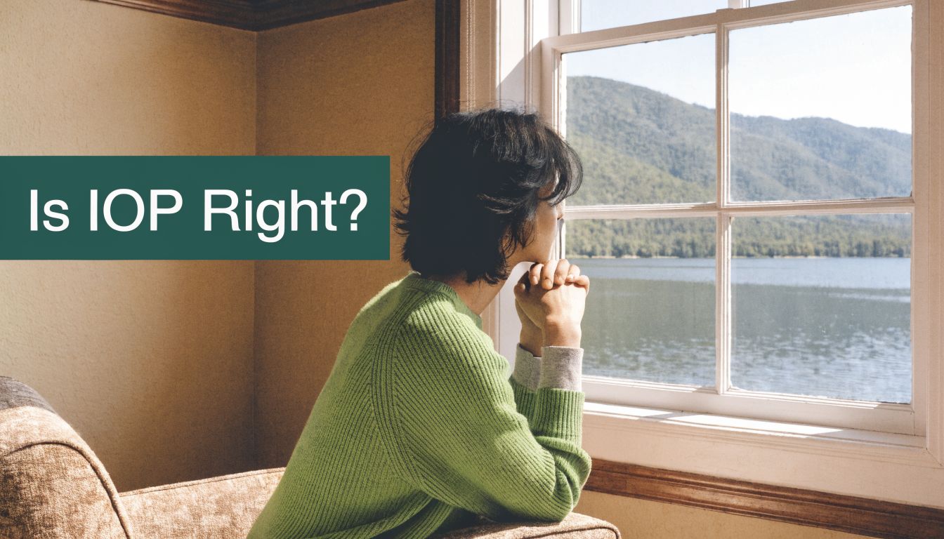 A person in a green sweater gazes thoughtfully out a window at a serene mountain lake view.