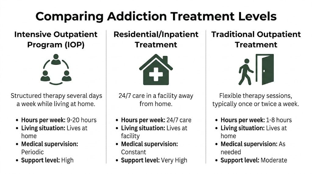 A comparison chart outlining the differences between intensive outpatient, residential, and traditional outpatient addiction treatment programs.