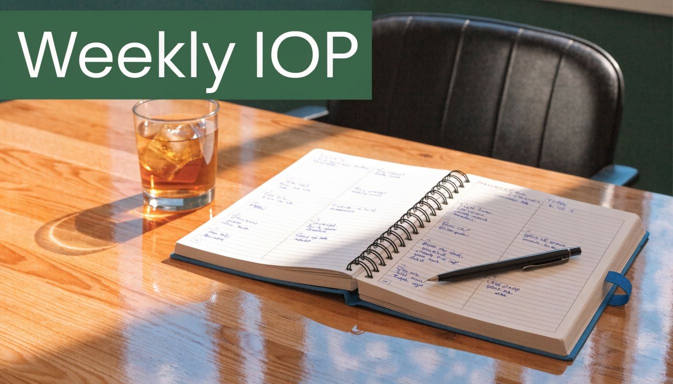 A spiral-bound planner with handwritten notes sits on a wooden desk next to a glass of whiskey.