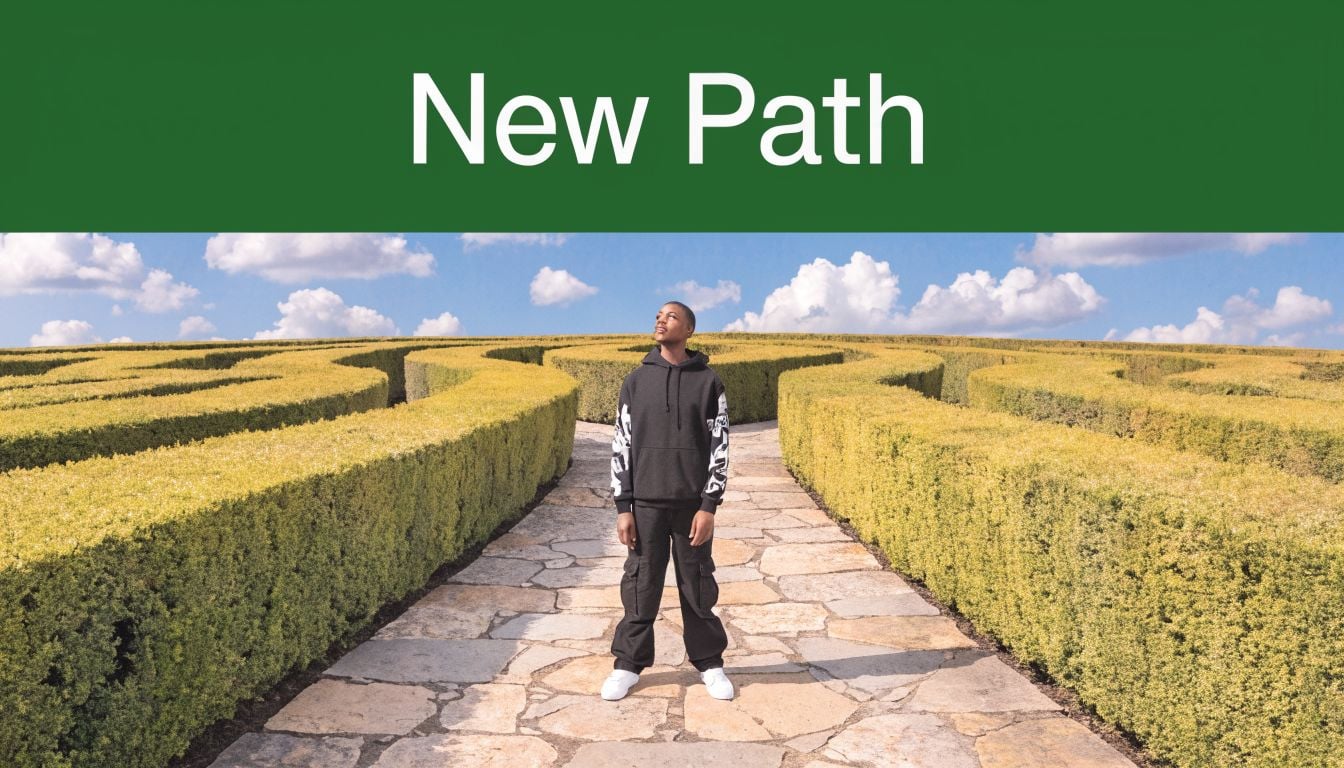 A young man standing on a stone path surrounded by tall hedge maze walls under a sunny sky.