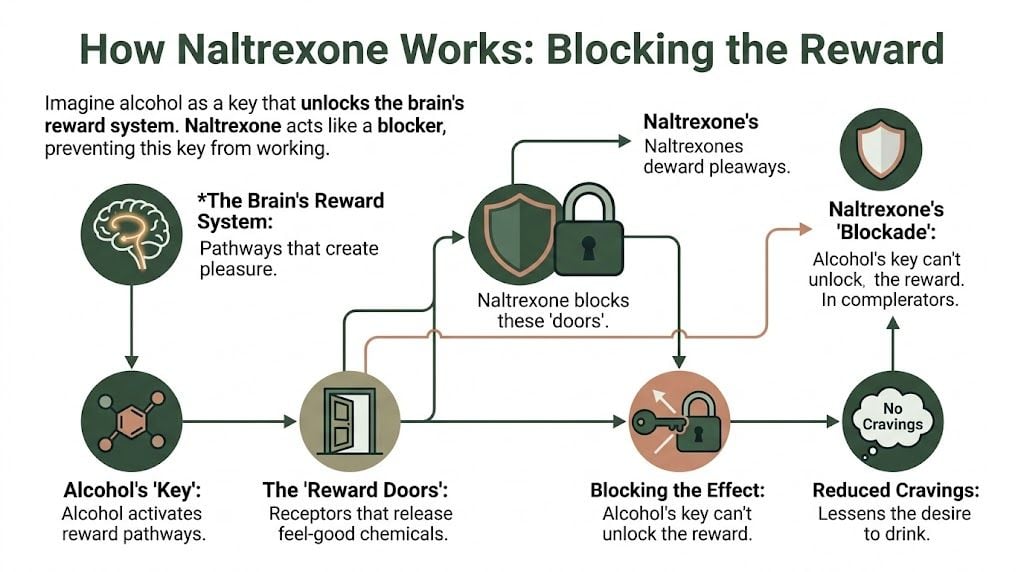 A diagram illustrating how naltrexone works to block reward pathways in the brain to reduce alcohol cravings.