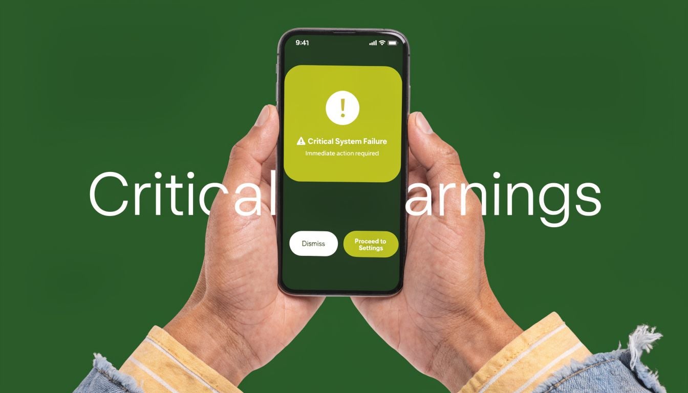 A person holding a smartphone showing a critical system failure warning on a digital screen interface.