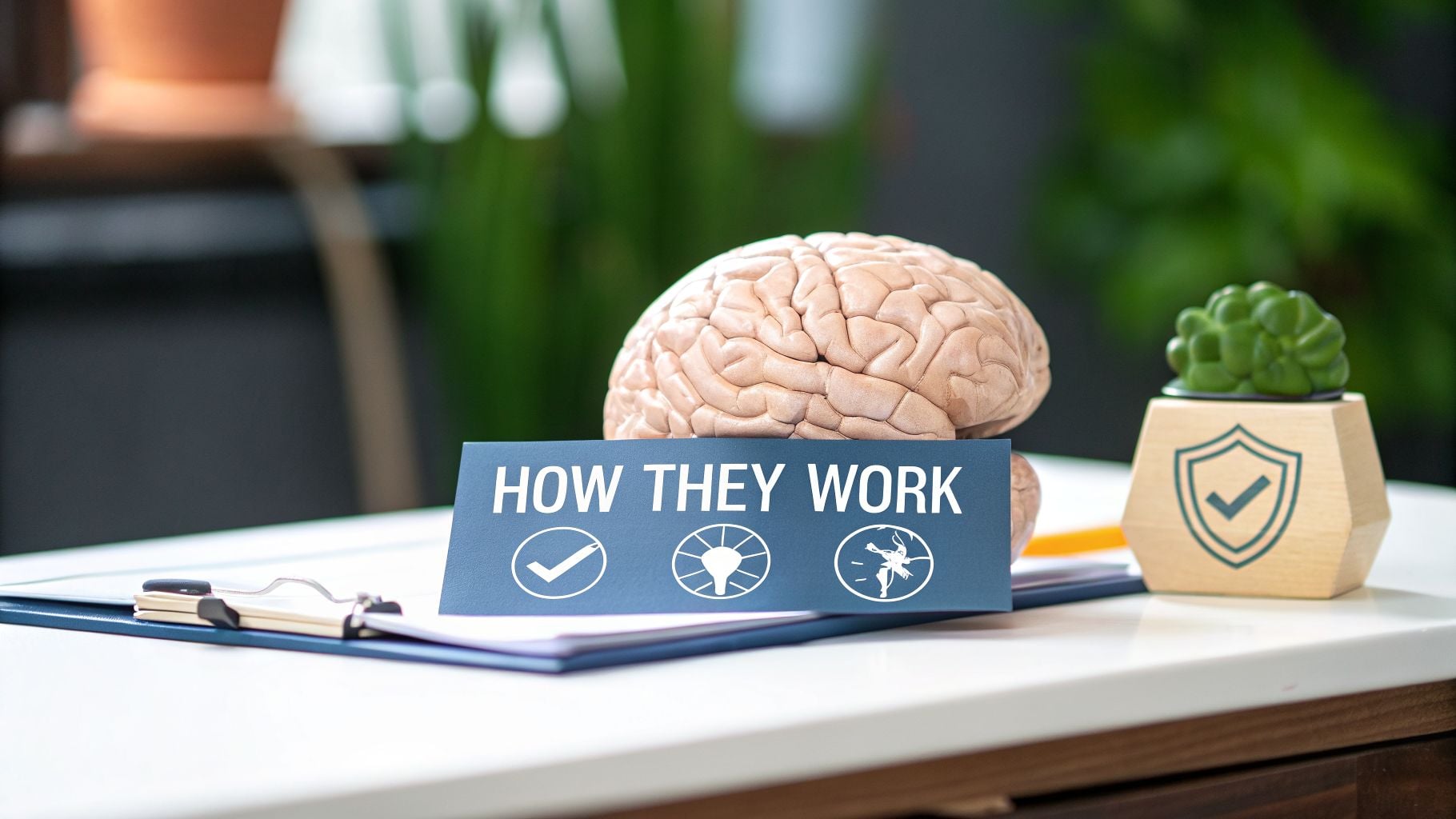A brain model and 'HOW THEY WORK' sign with icons for understanding and mental wellness.