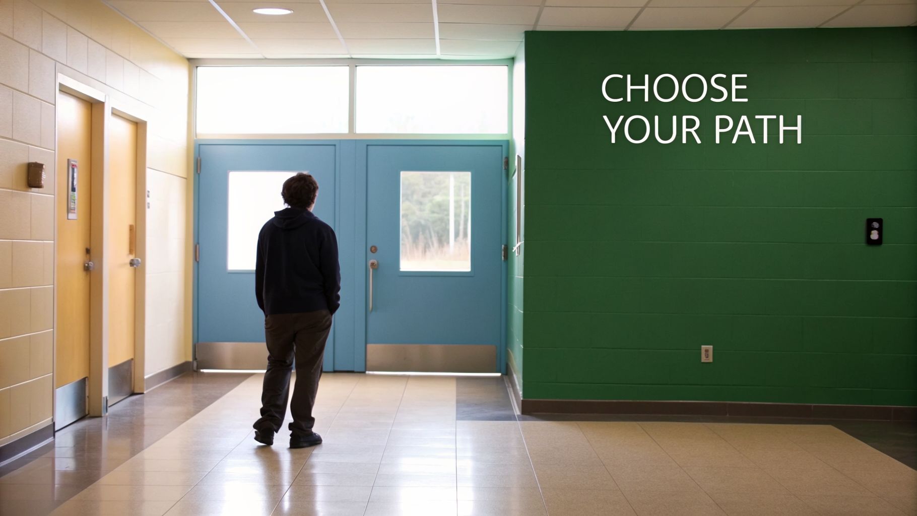 A person stands in a school hallway, facing blue doors, with "CHOOSE YOUR PATH" text on a green wall.