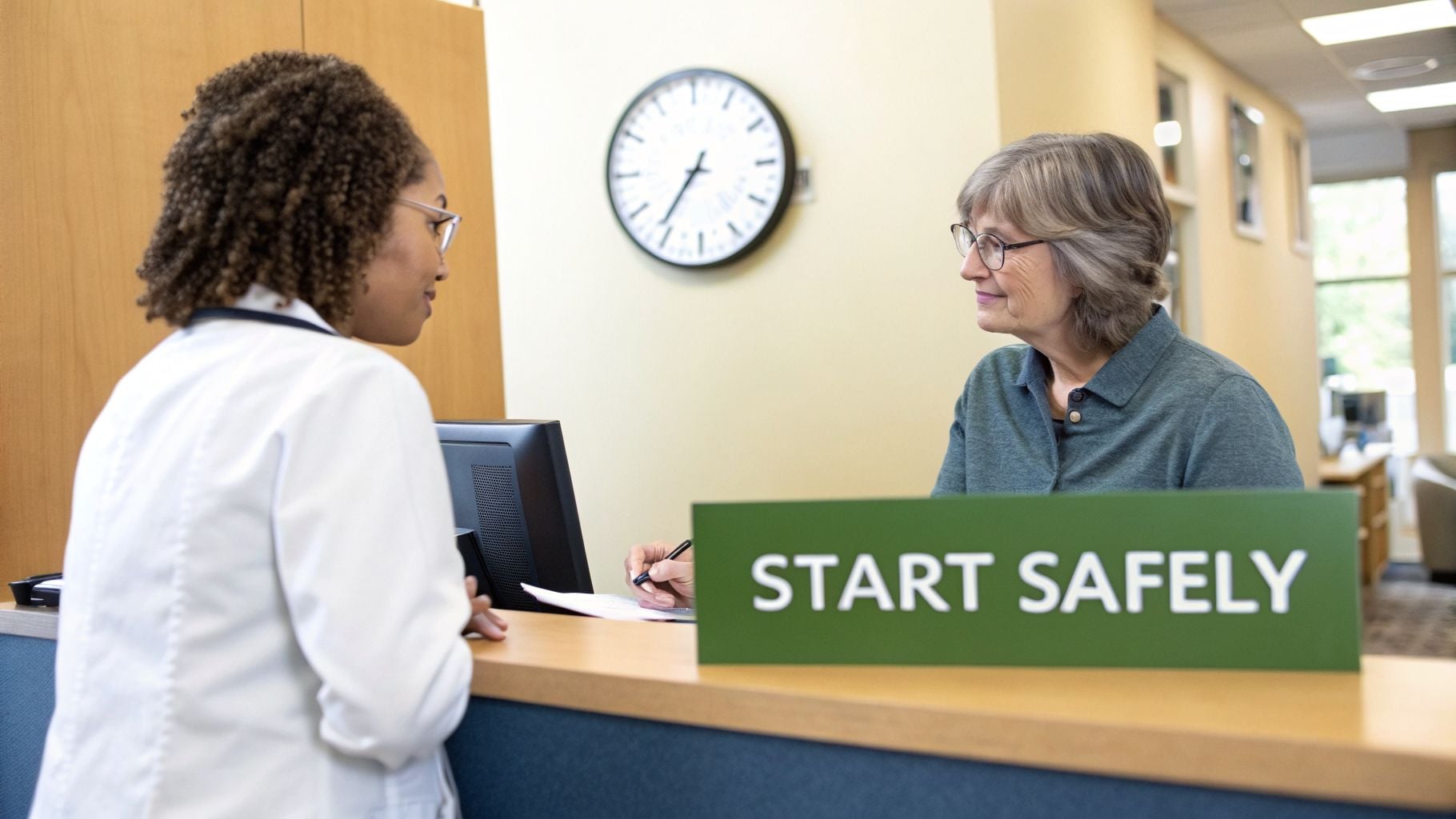 A healthcare professional assists an older patient signing documents at a clinic reception desk.