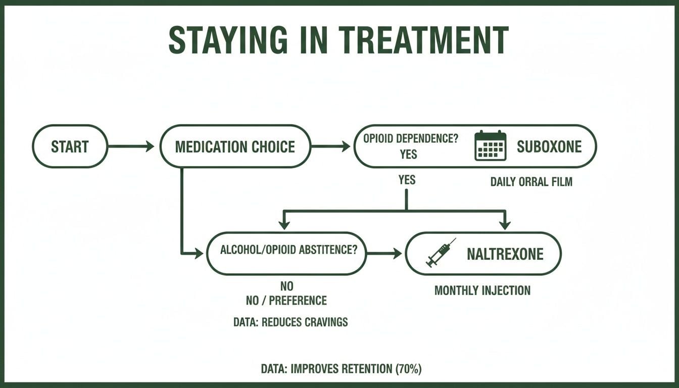Flowchart outlining addiction treatment pathways, comparing Suboxone (daily oral film) and Naltrexone (monthly injection).
