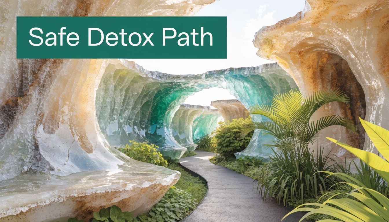 A serene path winding through surreal, wave-like rock formations in a lush, peaceful tropical garden setting.