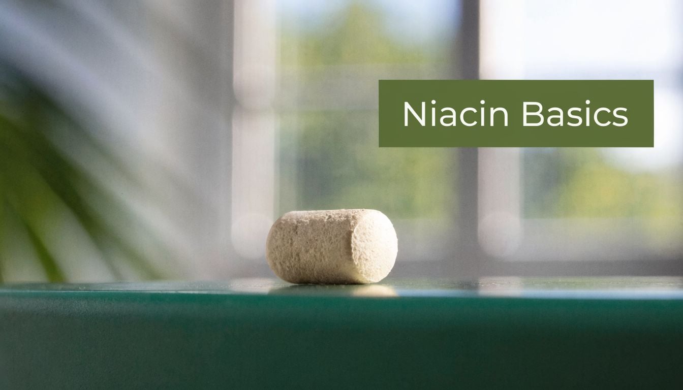 A close-up view of a single beige vitamin tablet on a green surface with blurred background