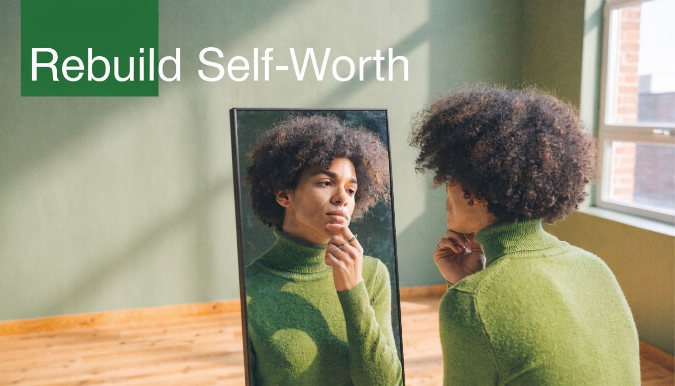 A person with curly hair wearing a green sweater looking at their reflection in a standing mirror.