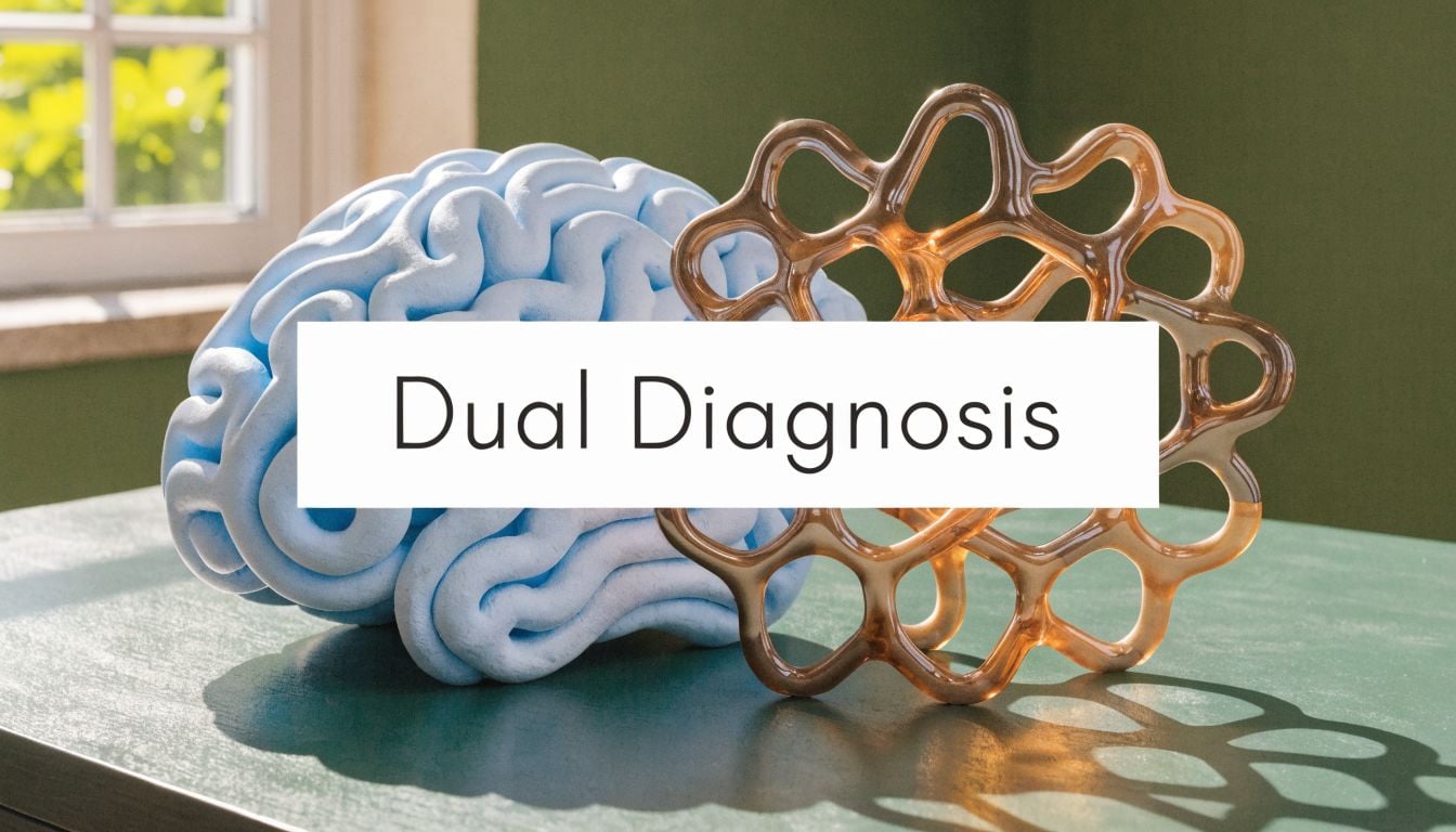 A 3D model of a blue brain next to a complex brown structure on a green surface.