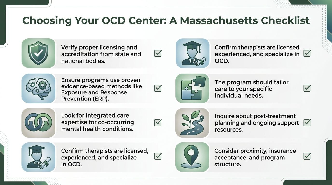 A checklist for choosing an OCD treatment center in Massachusetts, featuring important factors for patients.