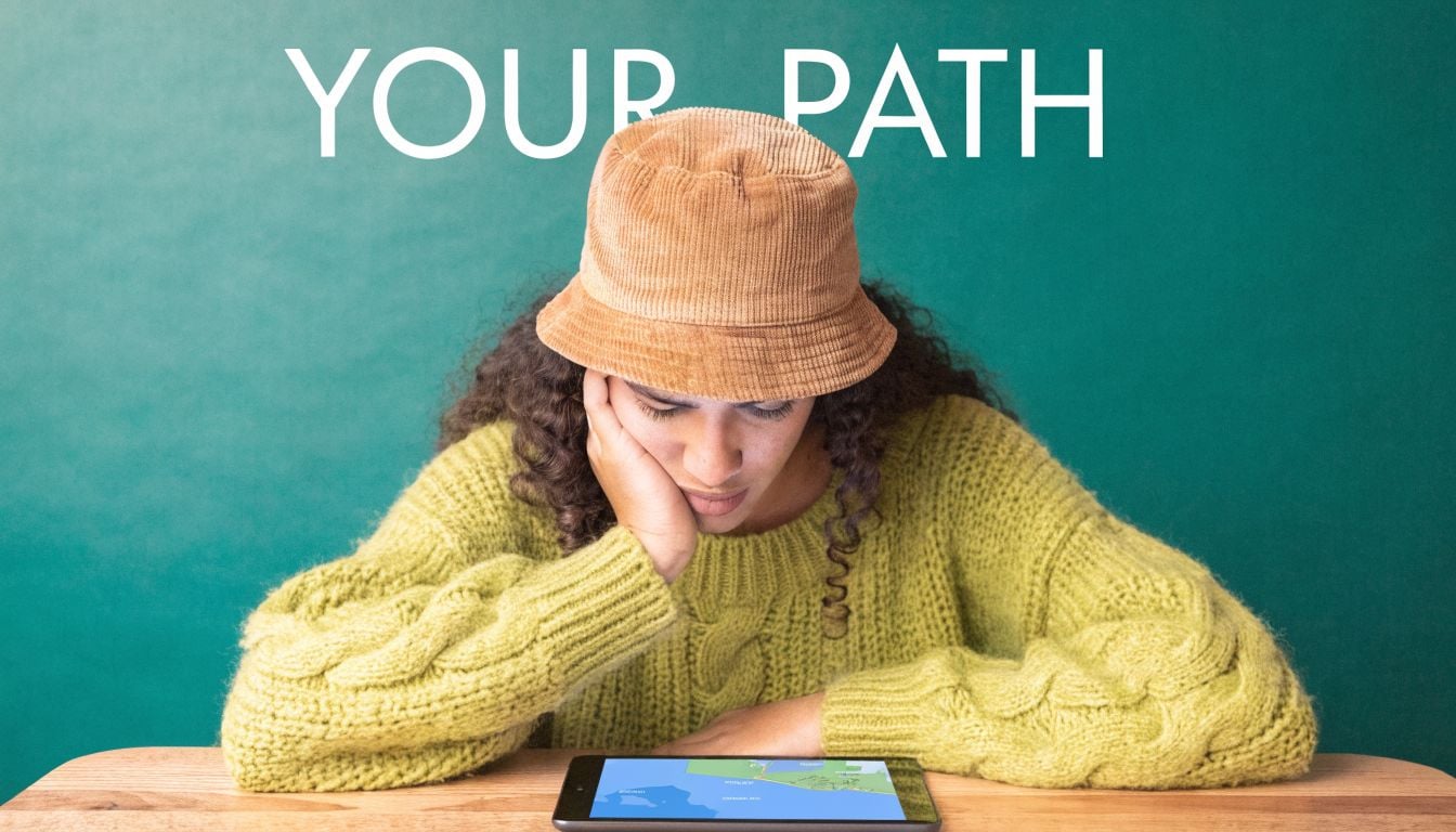 A young woman wearing a corduroy bucket hat looks pensively at a digital map on a tablet.