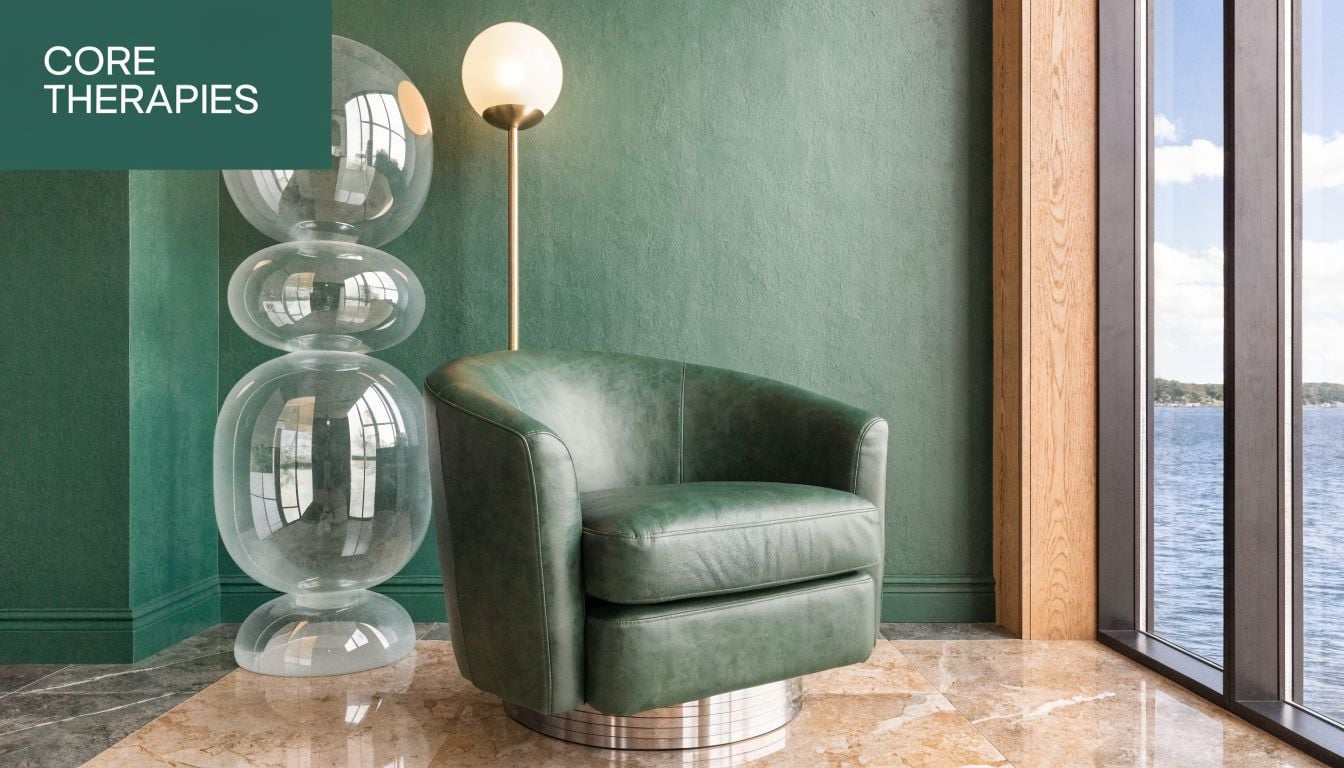 A modern green leather armchair sits in a stylish room with a large floor lamp and window.