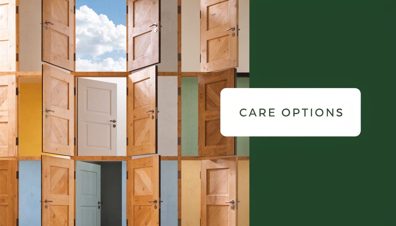 A creative design featuring multiple wooden doors opening into different colored rooms and a bright sky.