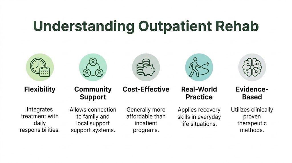 An infographic titled Understanding Outpatient Rehab, listing benefits like flexibility, community support, cost-effectiveness, practice, and evidence-based methods.