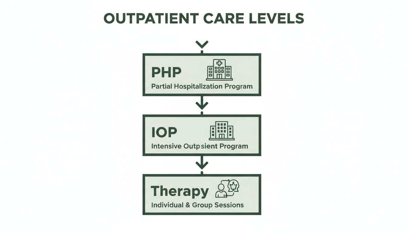 Flowchart detailing outpatient mental health care levels: PHP, IOP, and Therapy sessions progression.