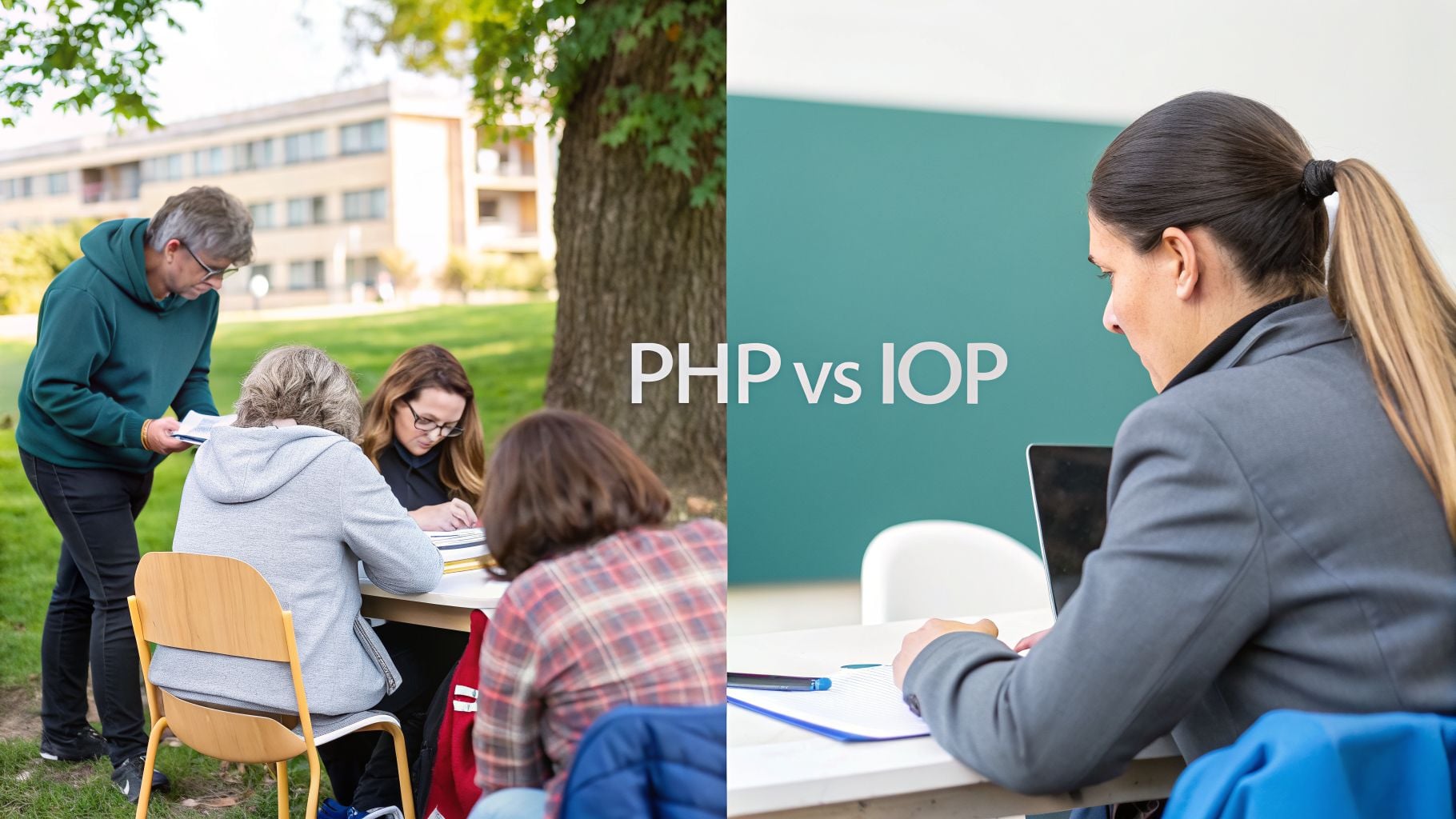 People in an outdoor group session and a woman comparing PHP vs IOP mental health programs.