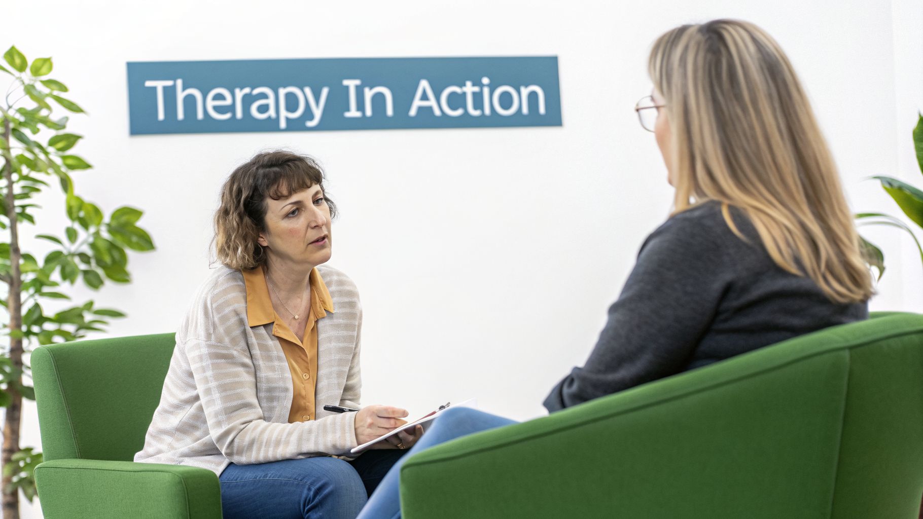 Two women in a therapy session, with one therapist taking notes and a patient listening.